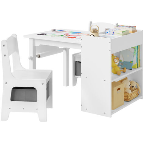 Table Enfant avec 2 Chaises WOLTU, Chaise avec Boîte de Rangement et Dossier, Table Dessin avec Étagère, Porte-Rouleau de Papier, en MDF, Blanc