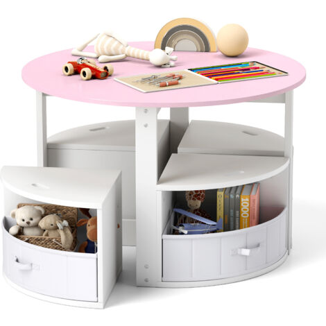 Table Enfant avec 4 Chaises Empilables, 4 Tiroirs en Tissu Pliable, Table d’Activité Ronde, Charge 50/90 pour 3 Ans+ (Rose)