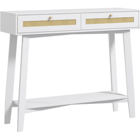 Table entrée blanche, 2 tiroirs rotin, étagère ouverte, dimensions 100x30x81 cm.