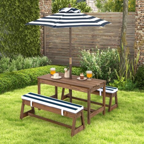 Table et 2 Bancs de Jardin avec Parasol et Coussins en Sapin Table de Pique-nique pour 4 Enfants Bleu DESIGN IN