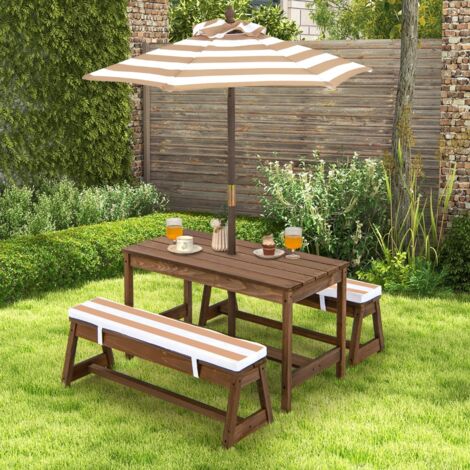 Table et 2 Bancs de Jardin avec Parasol et Coussins en Sapin Table de Pique-nique pour 4 Enfants Café