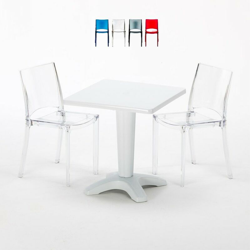 Table et 2 chaises colorées polycarbonate extérieurs Grand Soleil Caffè Chaises Modèle: B-Side Transparent - Couleur de la table: Blanc