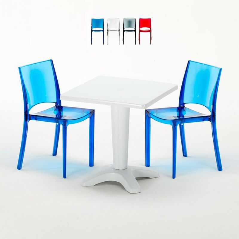 Table et 2 chaises colorées polycarbonate extérieurs Grand Soleil Caffè Chaises Modèle: B-Side Bleu transparent - Couleur de la table: Blanc