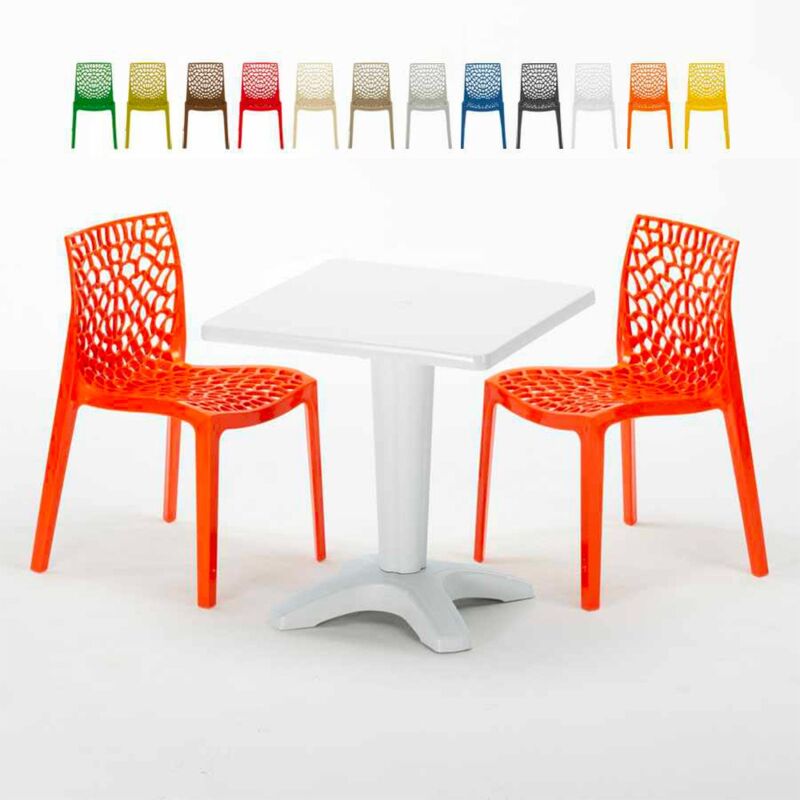 Table Carrée Blanche 70x70cm Avec 2 Chaises Colorées Set Bar Café Gruvyer Patio | Orange - Grand Soleil