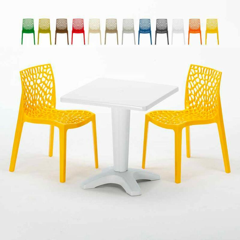 Table Carrée Blanche 70x70cm Avec 2 Chaises Colorées Set Bar Café Gruvyer Patio | Jaune - Grand Soleil