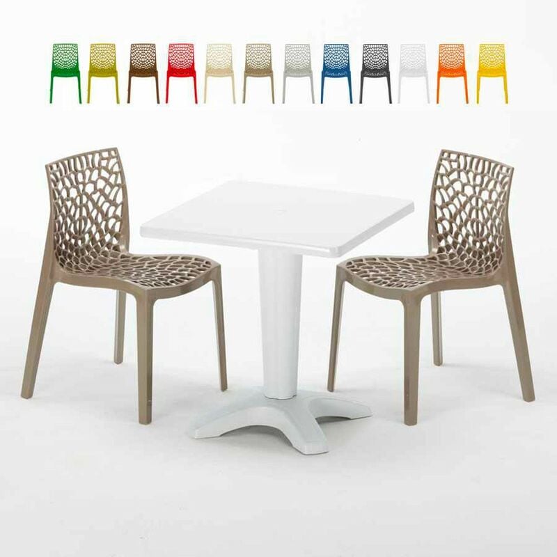 Table Carrée Blanche 70x70cm Avec 2 Chaises Colorées Set Bar Café Gruvyer Patio | Beige Juta - Grand Soleil