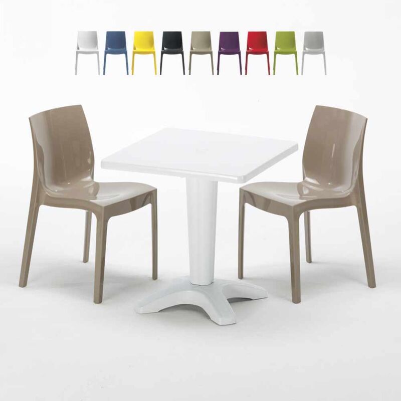 Table Carrée Blanche 70x70cm Avec 2 Chaises Colorées Set Bar Café Ice Patio | Beige - Grand Soleil