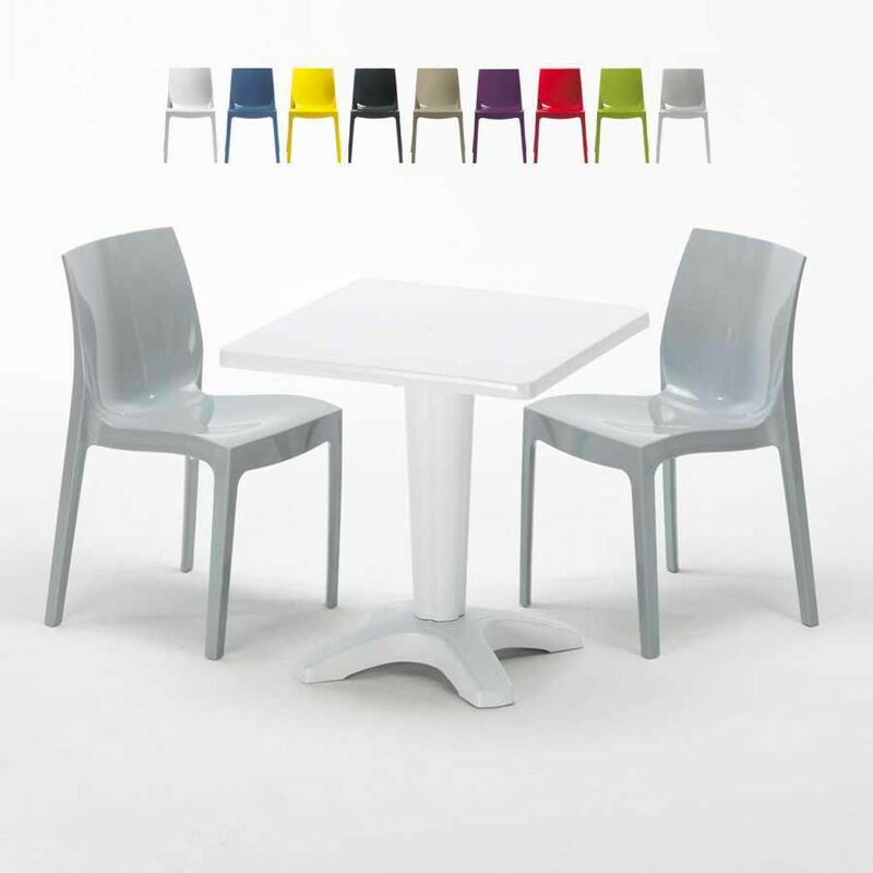 Table Carrée Blanche 70x70cm Avec 2 Chaises Colorées Set Bar Café Ice Patio | Gris - Grand Soleil