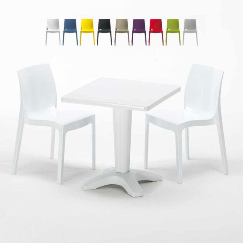 Table Carrée Blanche 70x70cm Avec 2 Chaises Colorées Set Bar Café Ice Patio | Blanc - Grand Soleil