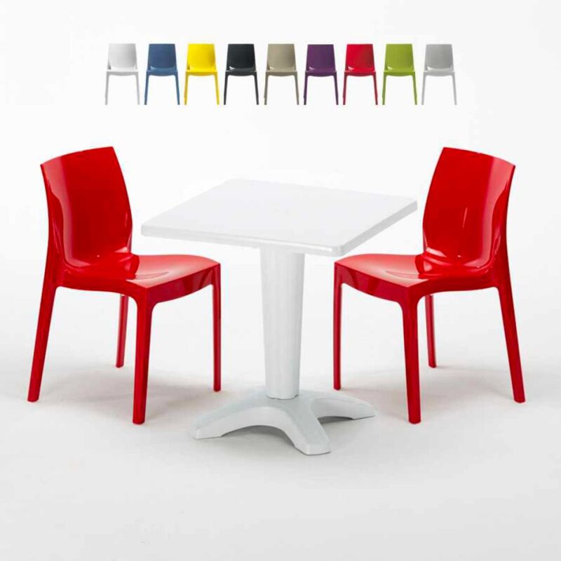 Table Carrée Blanche 70x70cm Avec 2 Chaises Colorées Set Bar Café Ice Patio | Rouge - Grand Soleil