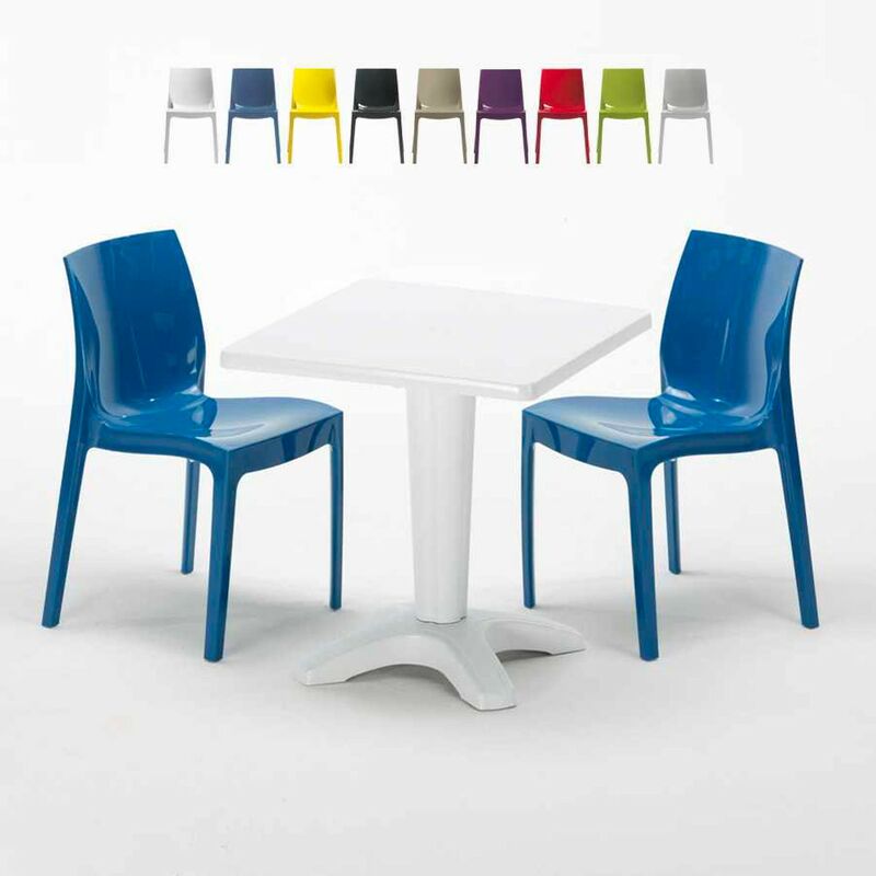 Table Carrée Blanche 70x70cm Avec 2 Chaises Colorées Set Bar Café Ice Patio | Bleu - Grand Soleil