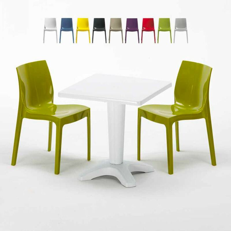 Table Carrée Blanche 70x70cm Avec 2 Chaises Colorées Set Bar Café Ice Patio | Vert - Grand Soleil