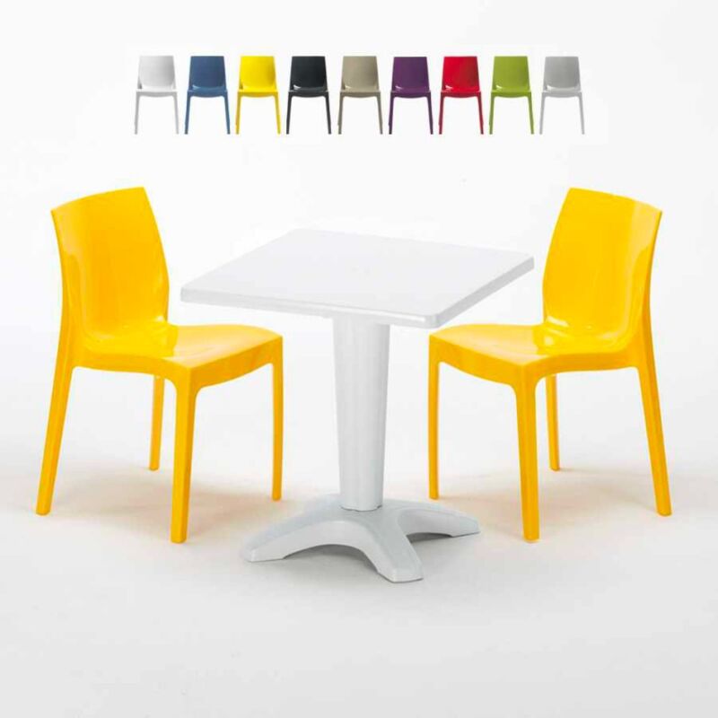 Table Carrée Blanche 70x70cm Avec 2 Chaises Colorées Set Bar Café Ice Patio | Jaune - Grand Soleil
