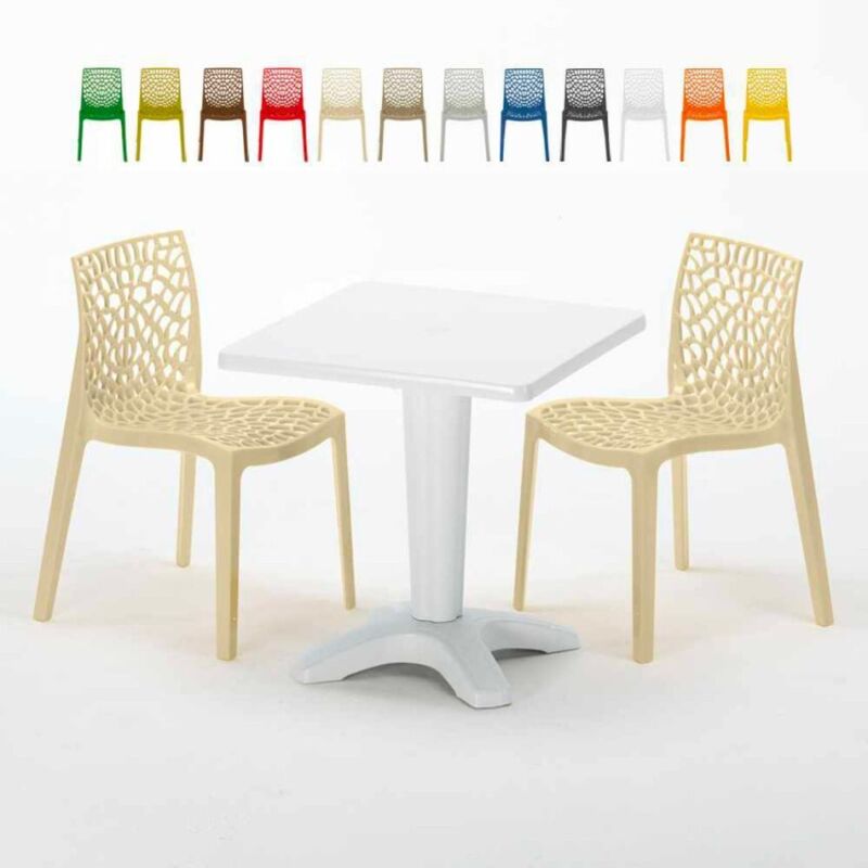 Grand Soleil – Ensemble table carrée blanche 70x70cm avec 2 chaises empilables en polypropylène – Matériau Greenpol anti-UV – Certifié usage public