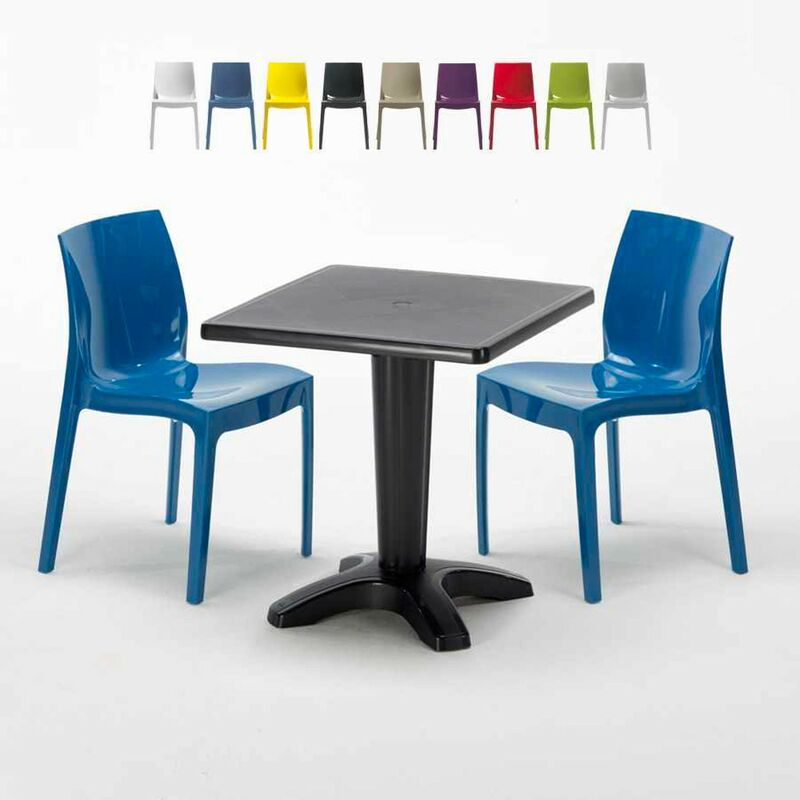 Table Carrée Noire 70x70cm Avec 2 Chaises Colorées Grand Soleil Set Bar Café Ice Aia Couleur: Bleu