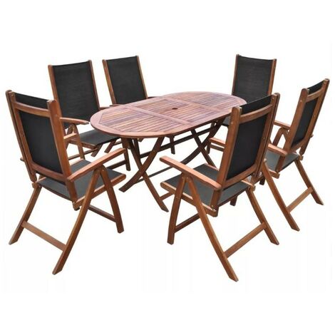Table et 6 chaises de jardin acacia foncé et tissu noir Noiro