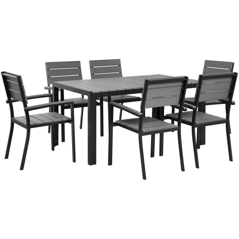 Ensemble de Jardin Table et 6 Chaises en Aluminium Noir et Bois Synthétique Gris Ultra Résistant Design Intemporel Élégant et Universel Beliani