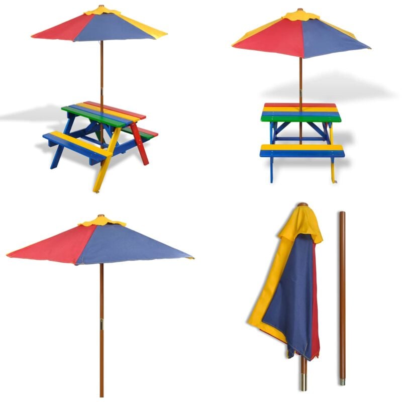 Table et bancs de pique-nique avec parasol pour enfants Bois - Table Pique-nique Enfant - Table Enfant - Mobilier De Jardin Enfant - Parasol Enfant