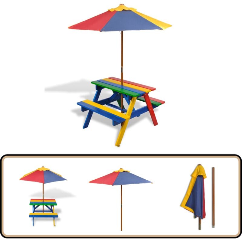 Table et bancs de pique-nique avec parasol pour enfants Bois - Table Pique-nique Enfant - Table Enfant - Mobilier De Jardin Enfant - Parasol Enfant