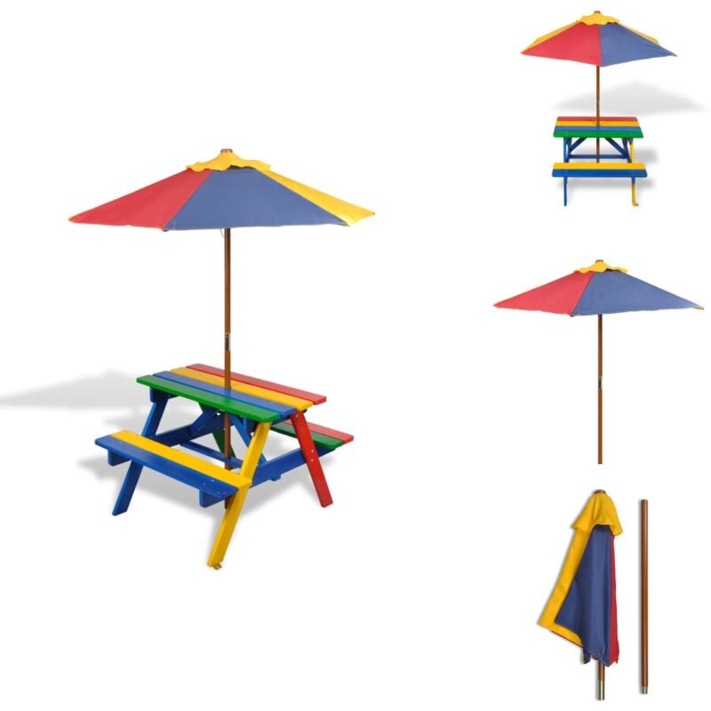 Table et bancs de pique-nique avec parasol pour enfants Bois - Table Pique-nique Enfant - Table Enfant - Mobilier De Jardin Enfant - Parasol Enfant