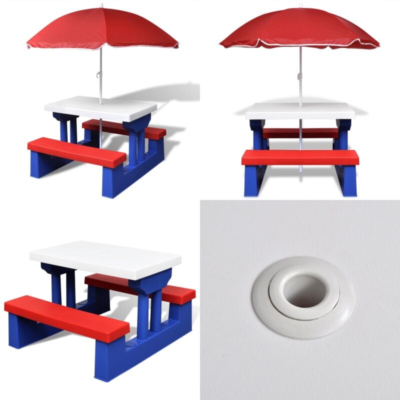 Table et bancs de pique-nique avec parasol pour enfants - Table De Pique-nique Enfant - Ensemble Table Et Banc - Mobilier De Jardin Enfant - Parasol