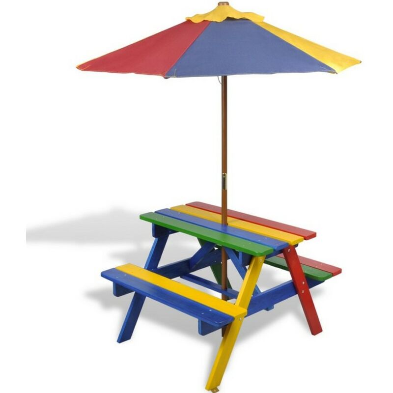 Table et bancs en bois avec parasol pour enfant - Bois