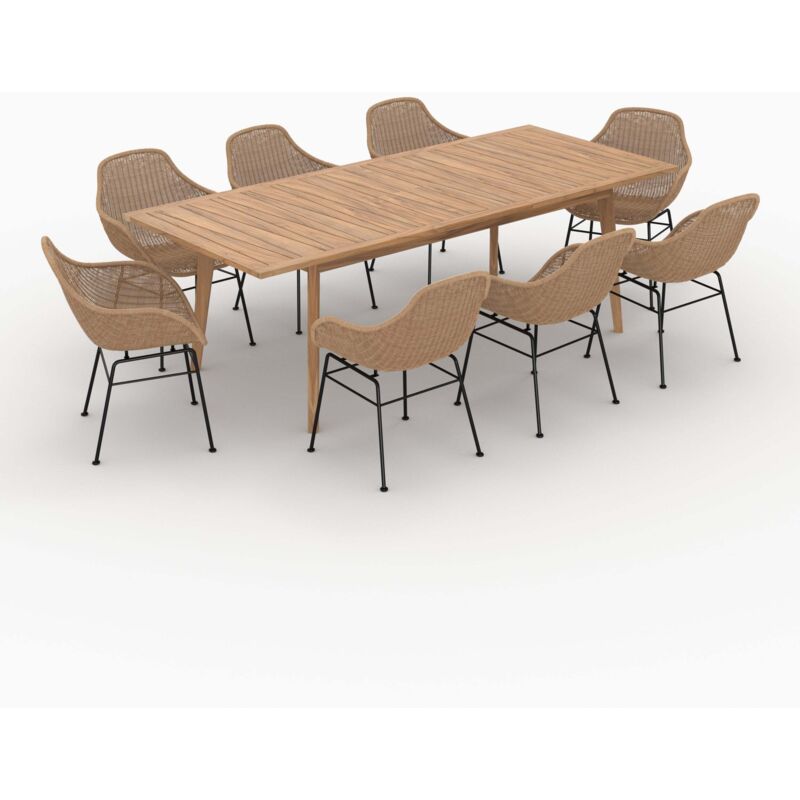 Table et chaises de jardin 8 personnes en bois de teck, résine tressée - Carmela