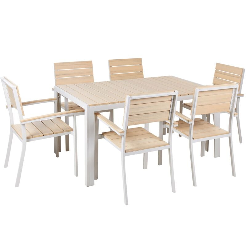 Beliani - Table et Chaises de Jardin Style Scandinave en Aluminium Blanc et Bois à Lattes Synthétique Beige Como
