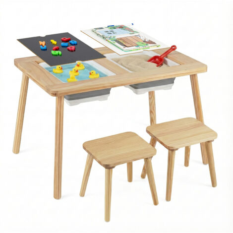 Table et Chaises pour Enfants avec Plateaux Réversibles Amovibles & 2 Bacs de Rangement, Pieds Solides en Pin, 2 Tabourets Naturel pour Enfants 3 Ans+