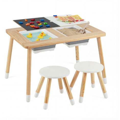 Table et Chaises pour Enfants avec Plateaux Réversibles Amovibles & 2 Bacs de Rangement, Pieds Solides en Pin, avec 2 Tabourets pour Enfants 3 Ans+