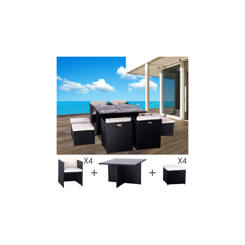 Table et fauteuils de jardin encastrables en résine tressée 8 places kubo noir