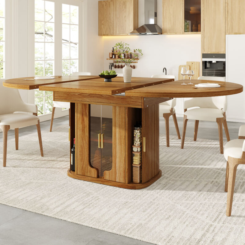 Table extensible 118-158x118x77 cm avec rangement, plateau MDF, façades en verre ambré, coloris noyer