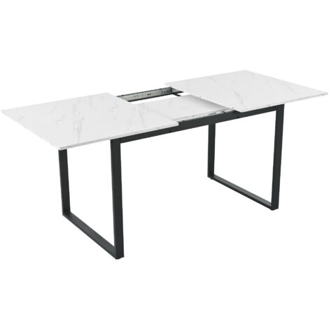 Table Extensible 140/180x80x75 Cm En Mdf Blanc Effet Marbre, Piétement Métal Moderne Et Solide