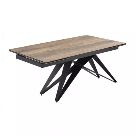 Table extensible 160/240 cm céramique effet bois – Pied géométrique en métal noir – Accueille jusqu'à 10 personnes – Meubletmoi