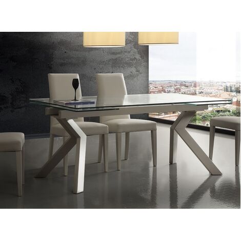 Table extensible 160-240cm pieds laqué beige et plateau verre trempé Kiota