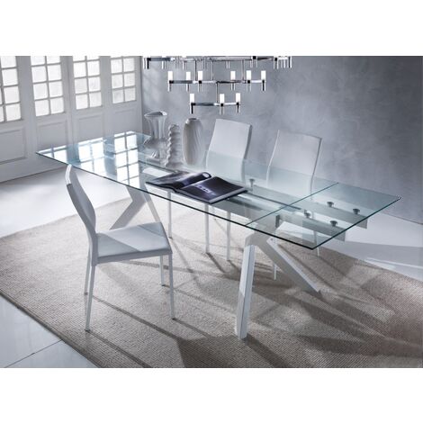 Table extensible 160-240cm pieds laqué blanc et plateau verre trempé Kiota