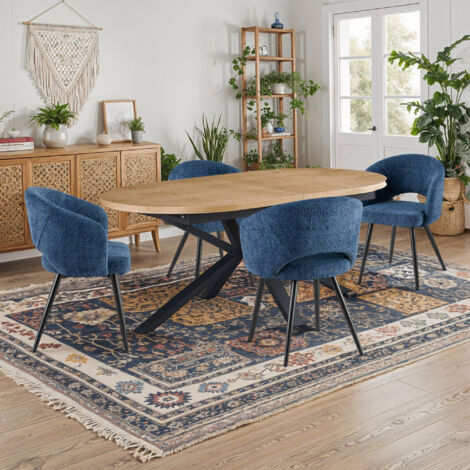 Table extensible 180-240 cm + 4 chaises tissu bouclette bleu - VENTER