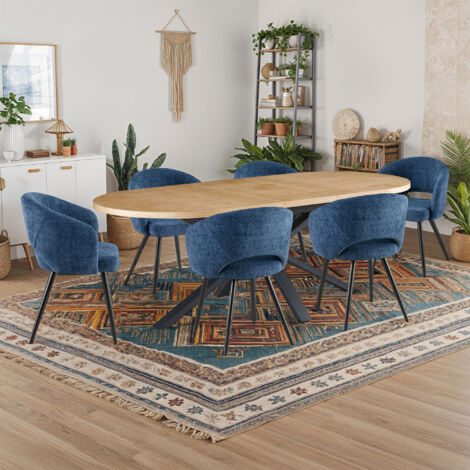 Table extensible 180-240 cm + 6 chaises tissu bouclette bleu - VENTER