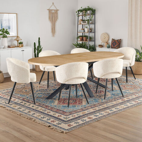Table extensible 180-240 cm + 6 chaises tissu bouclette écru - VENTER