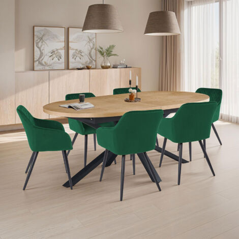 Table extensible 180-240cm + 6 chaises velours vert - VENTER