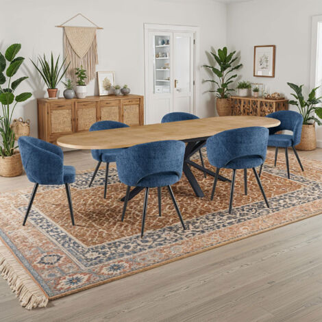 Table extensible 180-300 cm + 6 chaises tissu bouclette bleu - VENTER