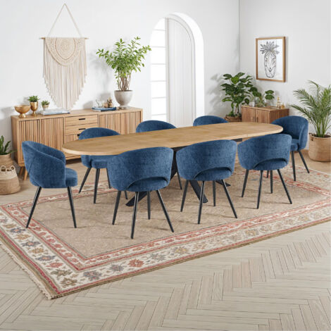 Table extensible 180-300 cm + 8 chaises tissu bouclette bleu - VENTER