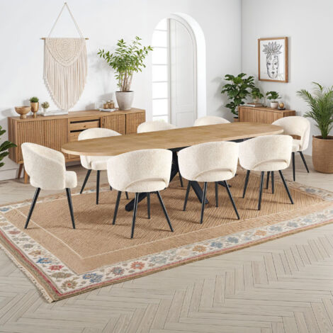 Table extensible 180-300 cm + 8 chaises tissu bouclette écru - VENTER