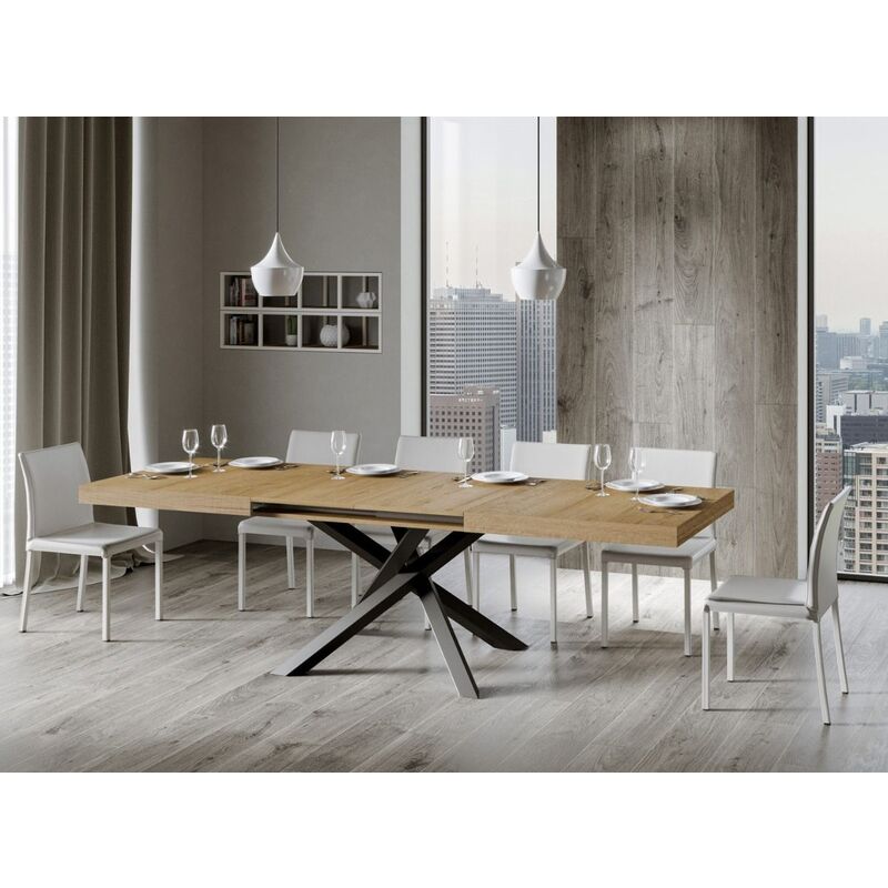 Les Tendances – Table extensible 6 à 12 personnes en chêne clair – Longueur ajustable 160 à 264 cm – Pieds entrelacés en acier – Design moderne Les Tendances – Table extensible 6 à 12 personnes en chêne clair – Longueur ajustable 160 à 264 cm – Pieds entrelacés en acier – Design moderne