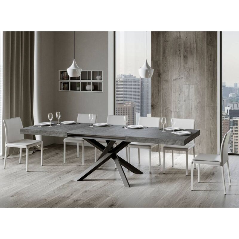 Table extensible 6 à 12 personnes gris béton et pieds entrelacés anthracite L 160 à 264 cm Artemis