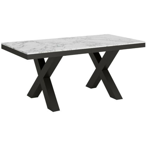 Table extensible 6 à 16 places L 120 à 380 cm effet marbre blanc et cadre métal gris foncé Tsara