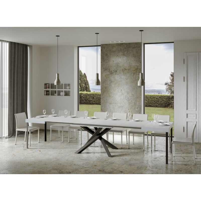 Les Tendances – Table extensible 8 à 20 personnes blanche – Longueur 180 à 440 cm – Pieds entrelacés en acier anthracite – Bois mélaminé italien Les Tendances – Table extensible 8 à 20 personnes blanche – Longueur 180 à 440 cm – Pieds entrelacés en acier anthracite – Bois mélaminé italien