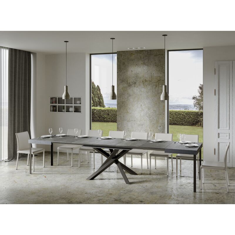 Les Tendances – Table extensible 8 à 20 personnes – Bois mélaminé gris béton – Pieds en acier anthracite – Longueur 180 à 440 cm – Design moderne