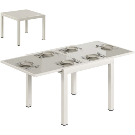 Table extensible alu extérieur plateau verre trempé, blanc crème