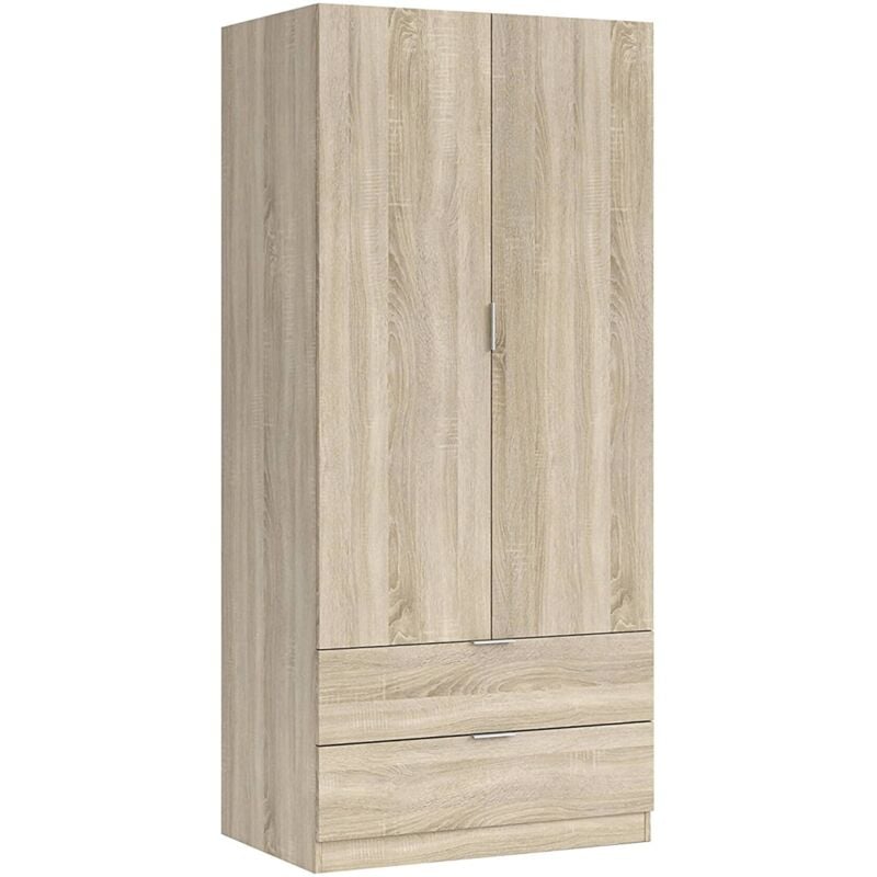 Dmora - Vestiaire Burbank, Armoire de chambre avec 2 portes et 2 tiroirs, Meubles de chambre avec tringle à vêtements, cm 81x52h180, Chêne